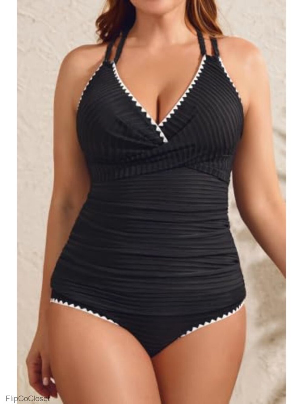 Plus Size Ribbed Tankini Set Tummy Control Two Piece Bathing Suit - Picture 2 of 6